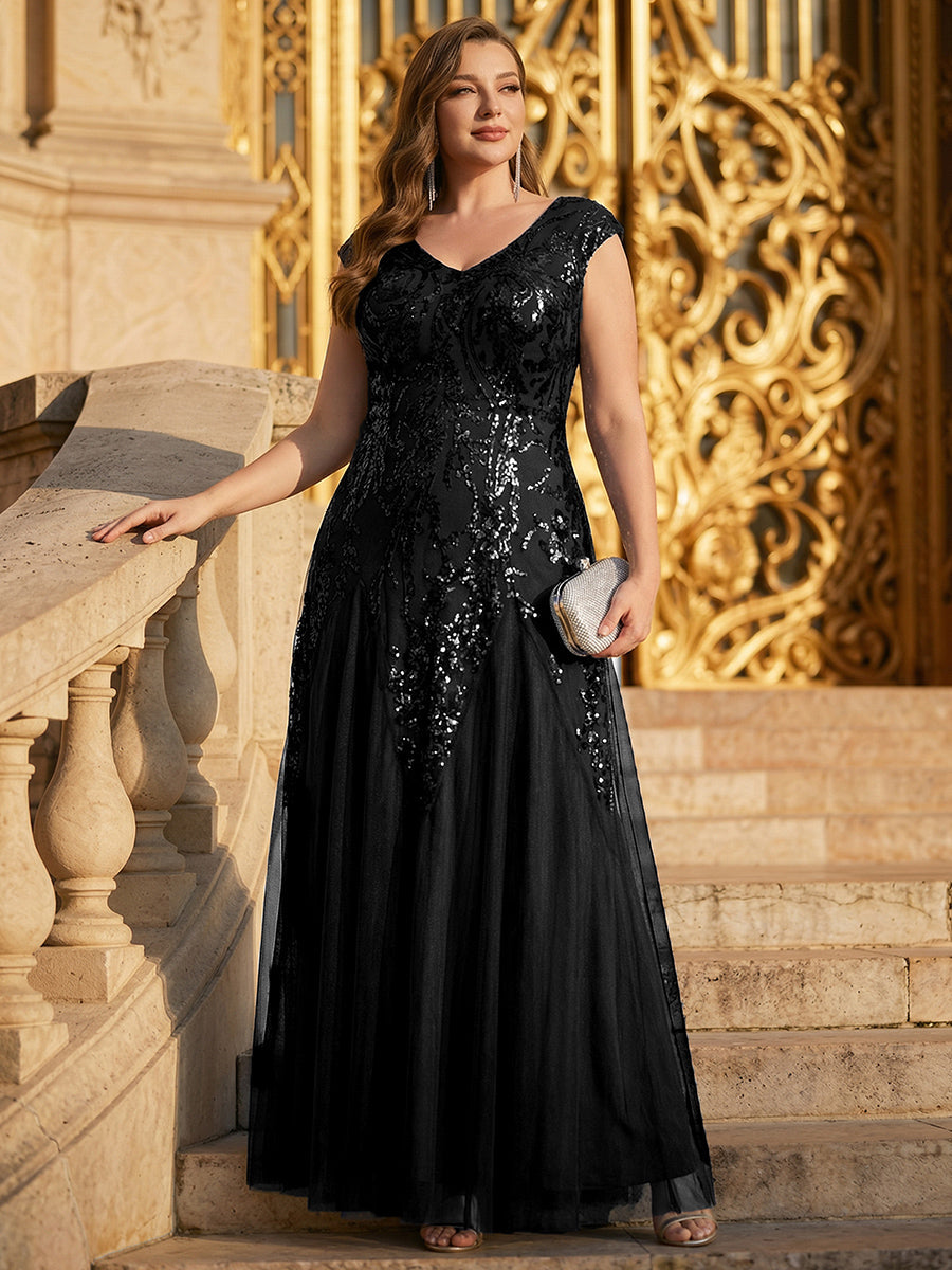 pretty FREYA|Plus Size V-Neck Sequin High Stretch Cap Sleeve Tulle Formal Dress