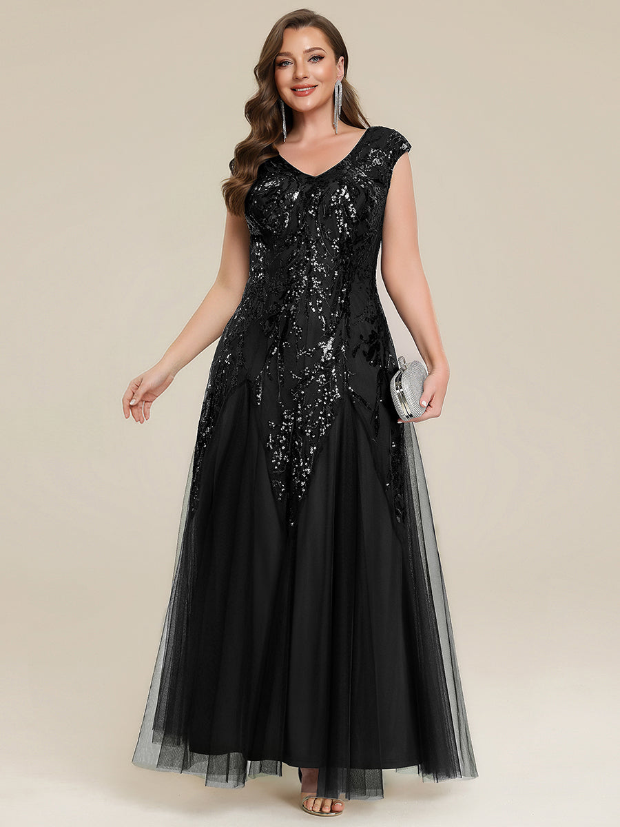 pretty FREYA|Plus Size V-Neck Sequin High Stretch Cap Sleeve Tulle Formal Dress
