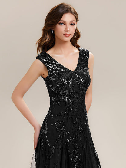 ever FREYA|Embroidered Sequin Cap Sleeve High Stretch Evening Dress
