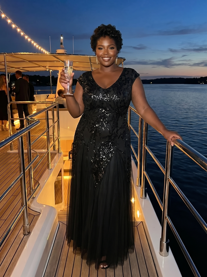 pretty FREYA|Plus Size V-Neck Sequin High Stretch Cap Sleeve Tulle Formal Dress