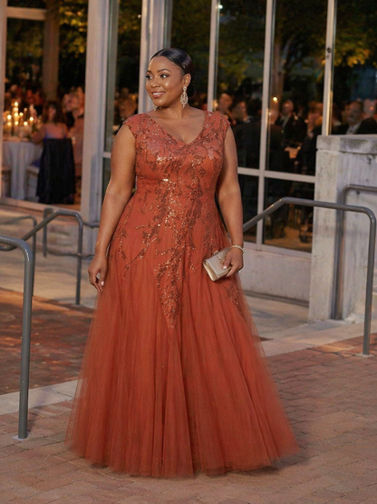 pretty FREYA|Plus Size V-Neck Sequin High Stretch Cap Sleeve Tulle Formal Dress