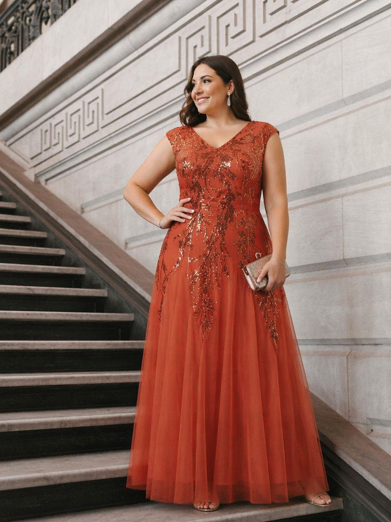 pretty FREYA|Plus Size V-Neck Sequin High Stretch Cap Sleeve Tulle Formal Dress