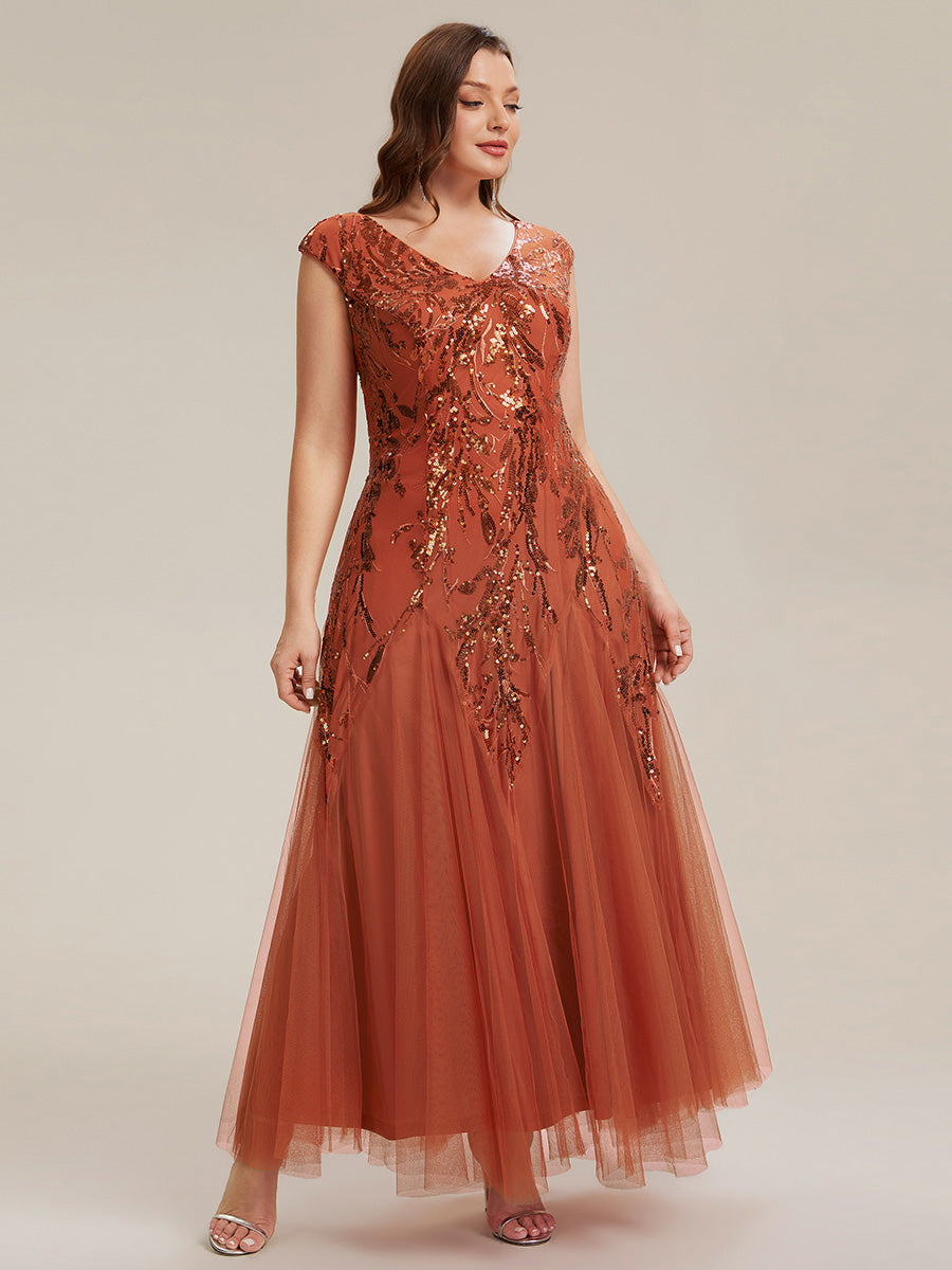 pretty FREYA|Plus Size V-Neck Sequin High Stretch Cap Sleeve Tulle Formal Dress