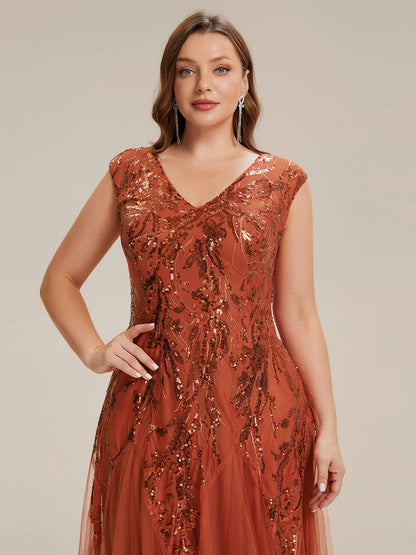 pretty FREYA|Plus Size V-Neck Sequin High Stretch Cap Sleeve Tulle Formal Dress