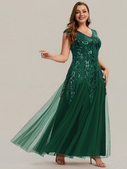 pretty FREYA|Plus Size V-Neck Sequin High Stretch Cap Sleeve Tulle Formal Dress