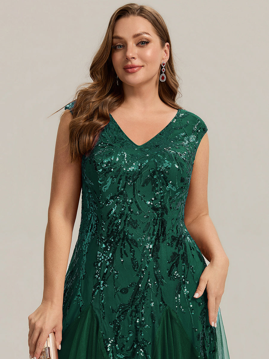 pretty FREYA|Plus Size V-Neck Sequin High Stretch Cap Sleeve Tulle Formal Dress
