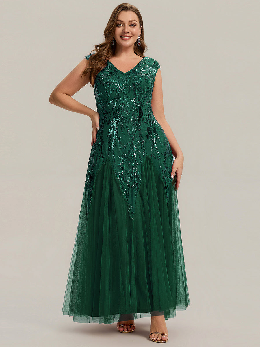 pretty FREYA|Plus Size V-Neck Sequin High Stretch Cap Sleeve Tulle Formal Dress