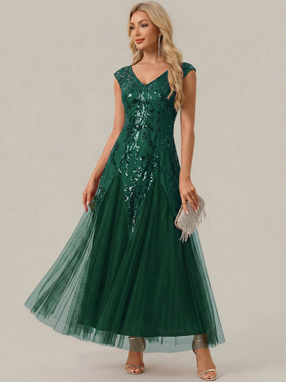 ever FREYA|Glitter Embroidered Cap Sleeve High Stretch Mother of the Bride Dress