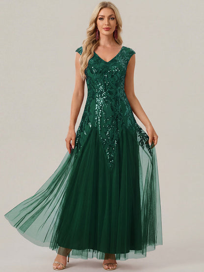 ever FREYA|Embroidered Sequin Cap Sleeve High Stretch Evening Dress