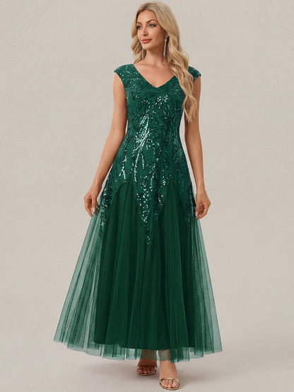 ever FREYA|Embroidered Sequin Cap Sleeve High Stretch Evening Dress