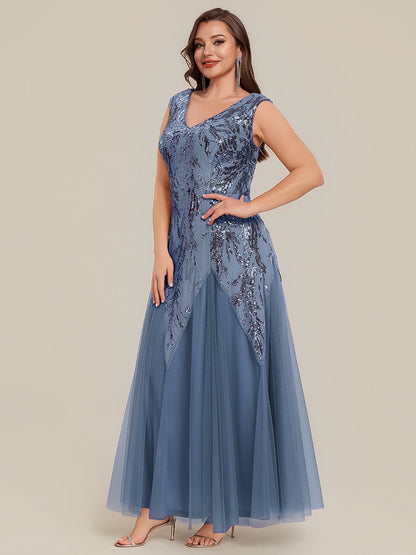 pretty FREYA|Plus Size V-Neck Sequin High Stretch Cap Sleeve Tulle Formal Dress
