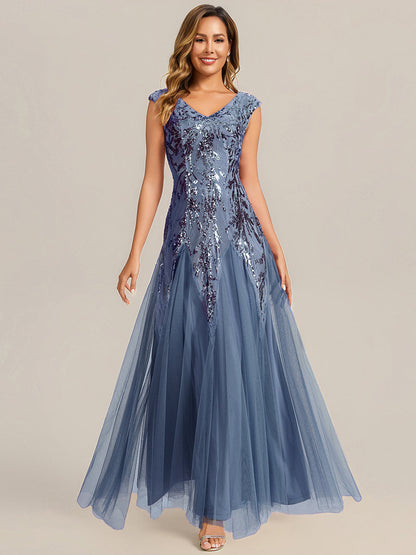 ever FREYA|Embroidered Sequin Cap Sleeve High Stretch Evening Dress