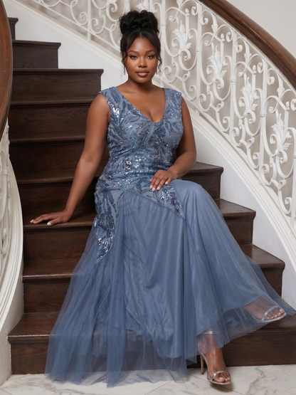 pretty FREYA|Plus Size V-Neck Sequin High Stretch Cap Sleeve Tulle Formal Dress