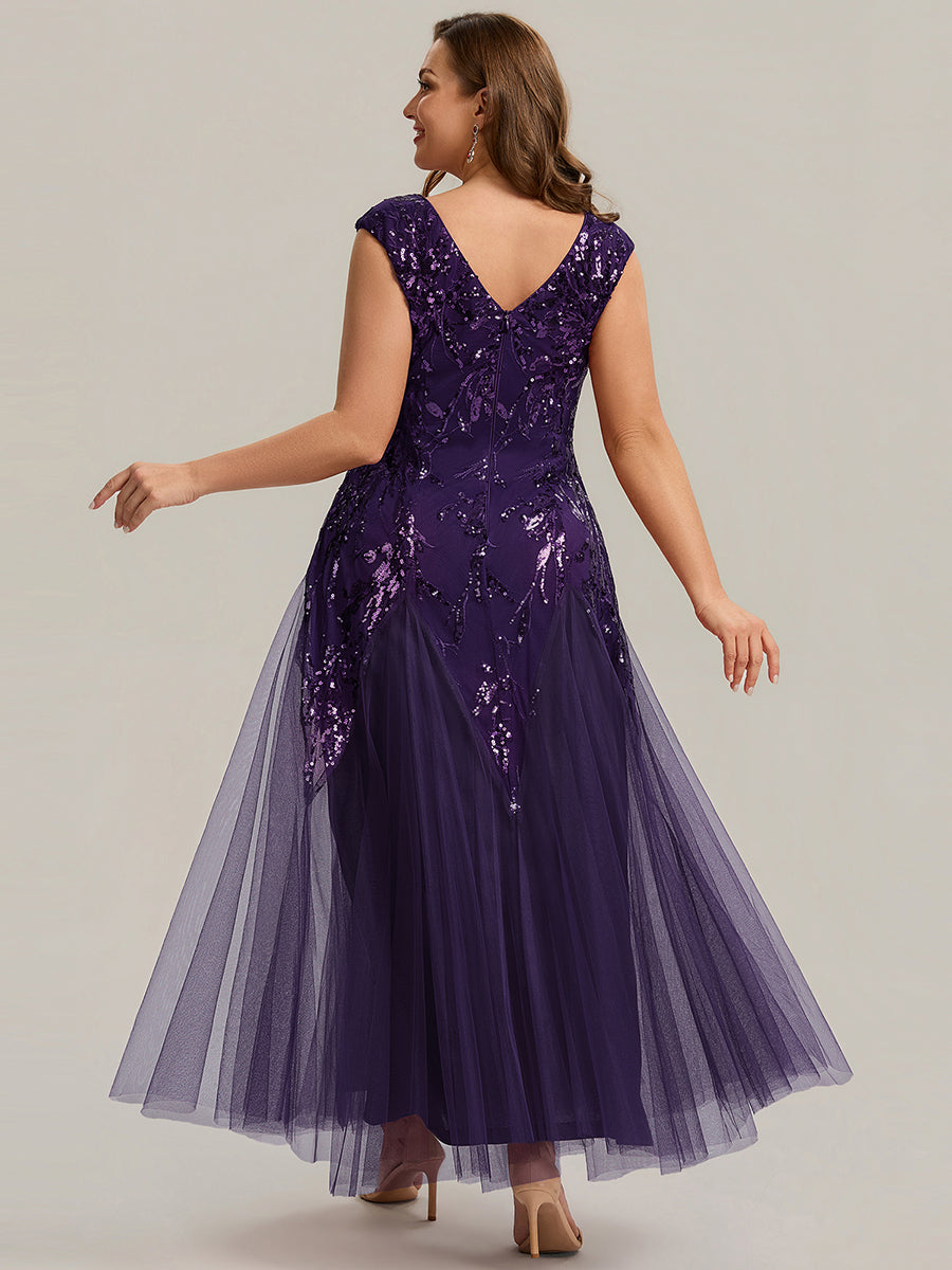 pretty FREYA|Plus Size Glitter High Stretch Cap Sleeve Tulle Mother of the Bride Dress
