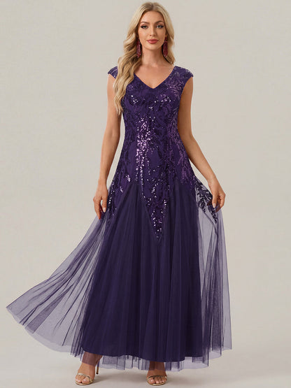ever FREYA|Glitter Embroidered Cap Sleeve High Stretch Mother of the Bride Dress