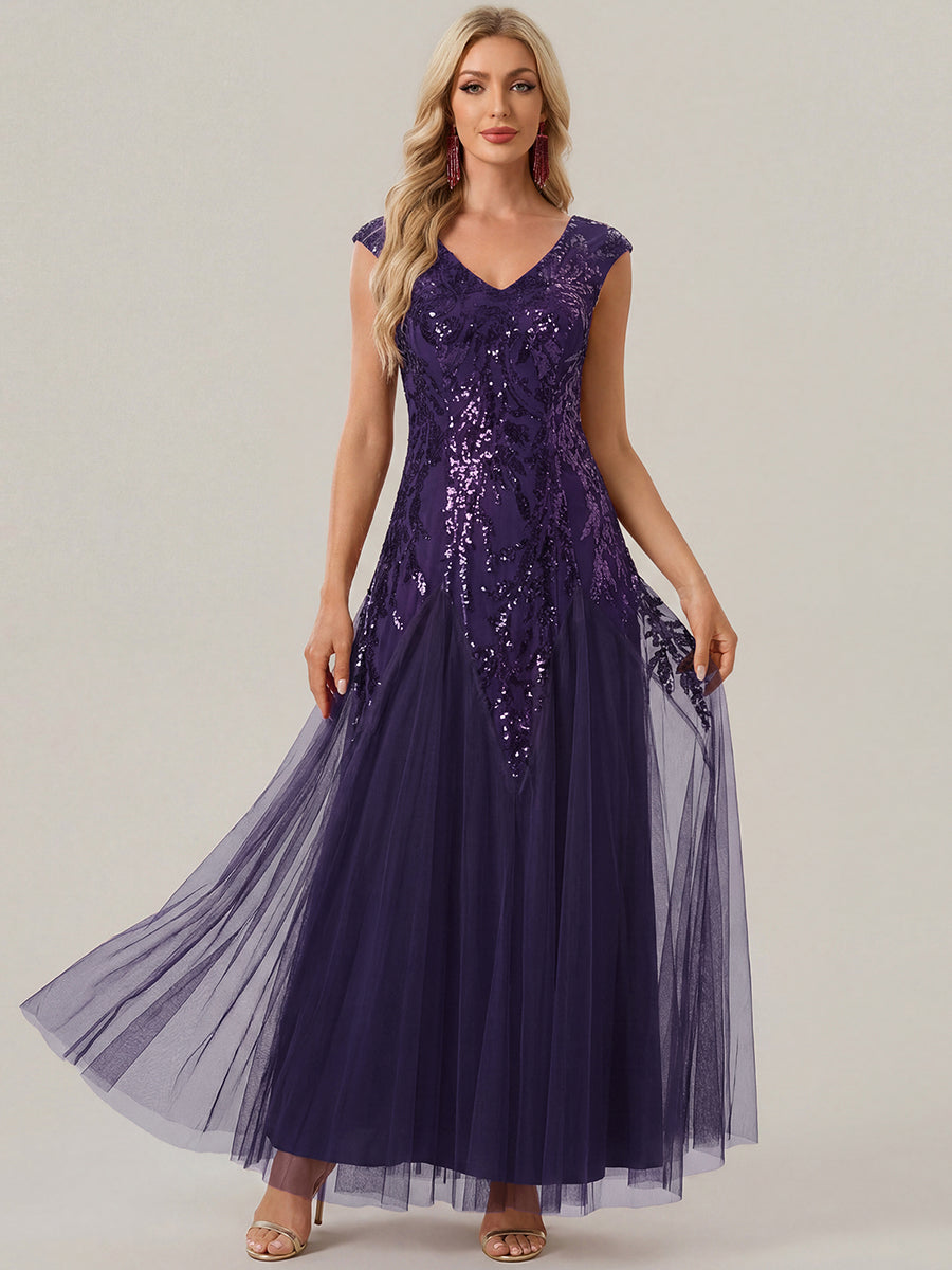 ever FREYA|Embroidered Sequin Cap Sleeve High Stretch Evening Dress