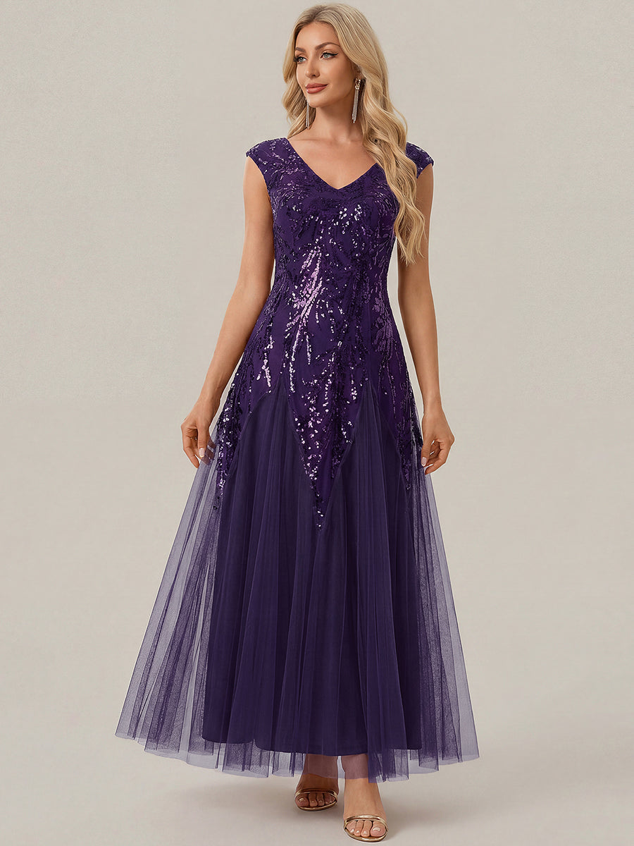 ever FREYA|Embroidered Sequin Cap Sleeve High Stretch Evening Dress