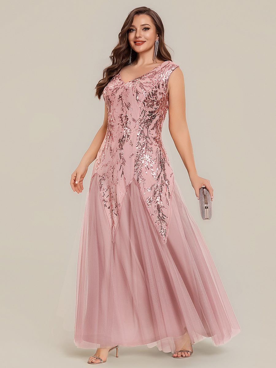 pretty FREYA|Plus Size V-Neck Sequin High Stretch Cap Sleeve Tulle Formal Dress