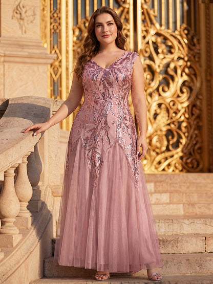 pretty FREYA|Plus Size V-Neck Sequin High Stretch Cap Sleeve Tulle Formal Dress