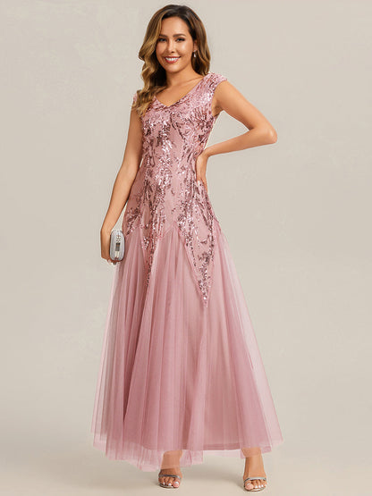 ever FREYA|Embroidered Sequin Cap Sleeve High Stretch Evening Dress