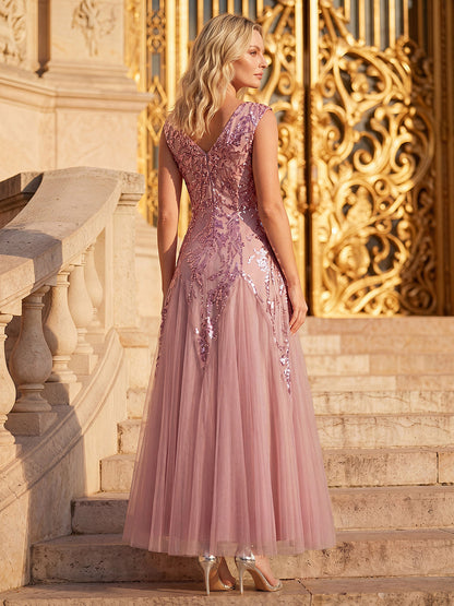 ever FREYA|Embroidered Sequin Cap Sleeve High Stretch Evening Dress