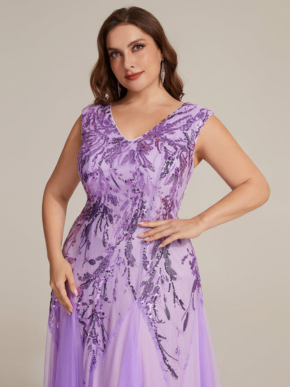 pretty FREYA|Plus Size V-Neck Sequin High Stretch Cap Sleeve Tulle Formal Dress