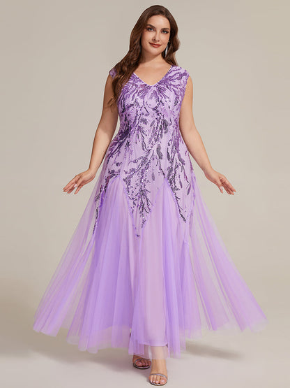 pretty FREYA|Plus Size V-Neck Sequin High Stretch Cap Sleeve Tulle Formal Dress