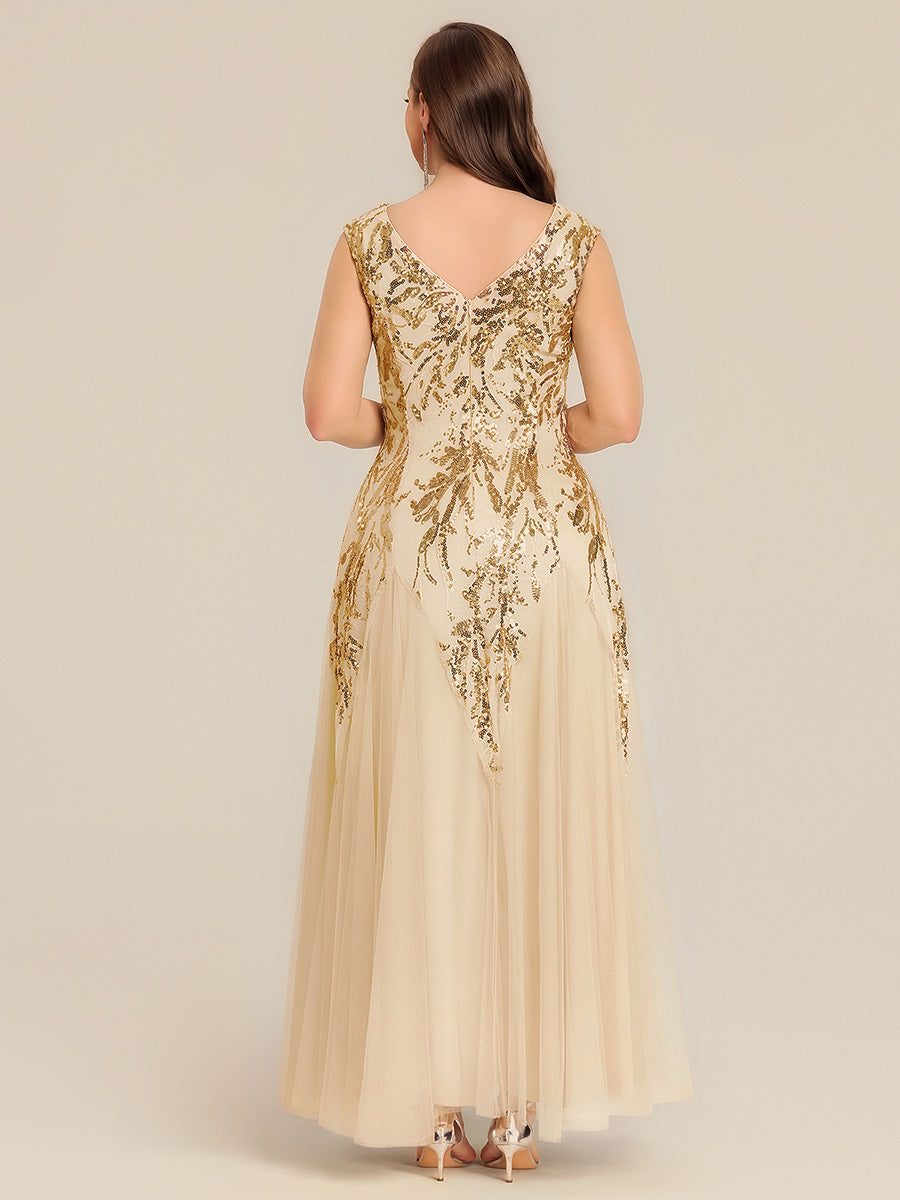 pretty FREYA|Plus Size V-Neck Sequin High Stretch Cap Sleeve Tulle Formal Dress