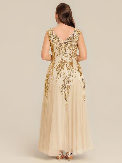 pretty FREYA|Plus Size V-Neck Sequin High Stretch Cap Sleeve Tulle Formal Dress