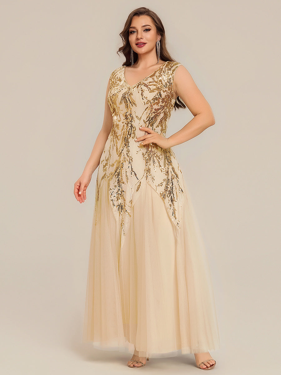 pretty FREYA|Plus Size V-Neck Sequin High Stretch Cap Sleeve Tulle Formal Dress