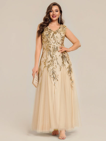 pretty FREYA|Plus Size V-Neck Sequin High Stretch Cap Sleeve Tulle Formal Dress