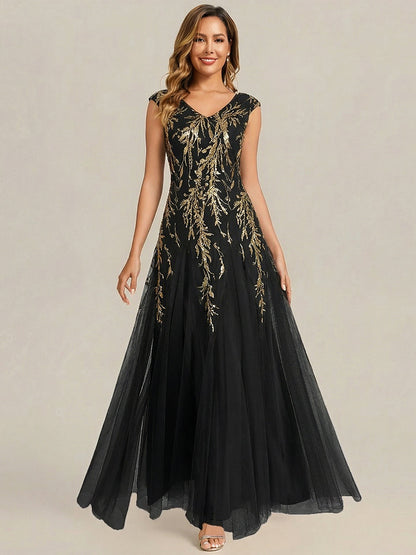 ever FREYA|Embroidered Sequin Cap Sleeve High Stretch Evening Dress