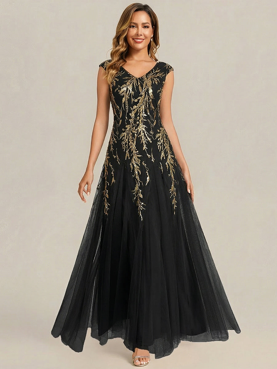 ever FREYA|Glitter Embroidered Cap Sleeve High Stretch Mother of the Bride Dress