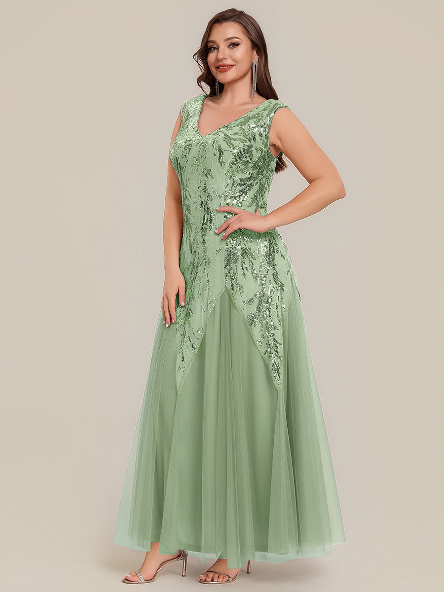 pretty FREYA|Plus Size V-Neck Sequin High Stretch Cap Sleeve Tulle Formal Dress