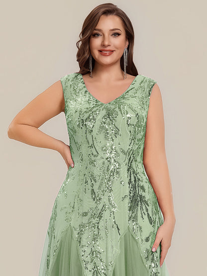 pretty FREYA|Plus Size V-Neck Sequin High Stretch Cap Sleeve Tulle Formal Dress