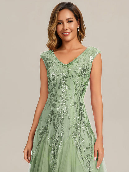 ever FREYA|Embroidered Sequin Cap Sleeve High Stretch Evening Dress