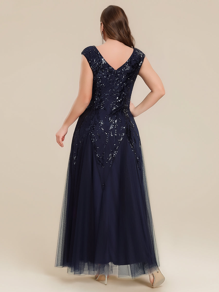 pretty FREYA|Plus Size V-Neck Sequin High Stretch Cap Sleeve Tulle Formal Dress