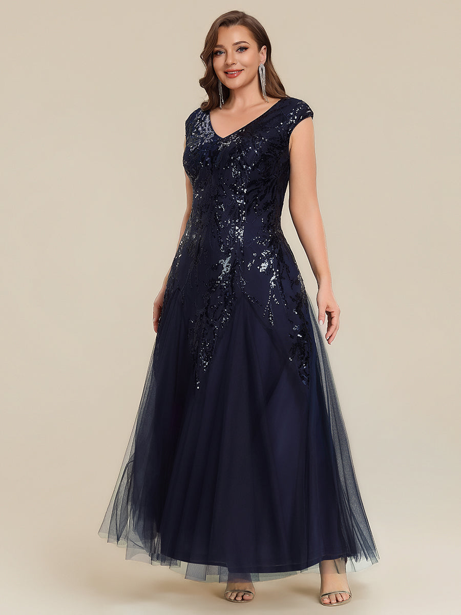 pretty FREYA|Plus Size V-Neck Sequin High Stretch Cap Sleeve Tulle Formal Dress