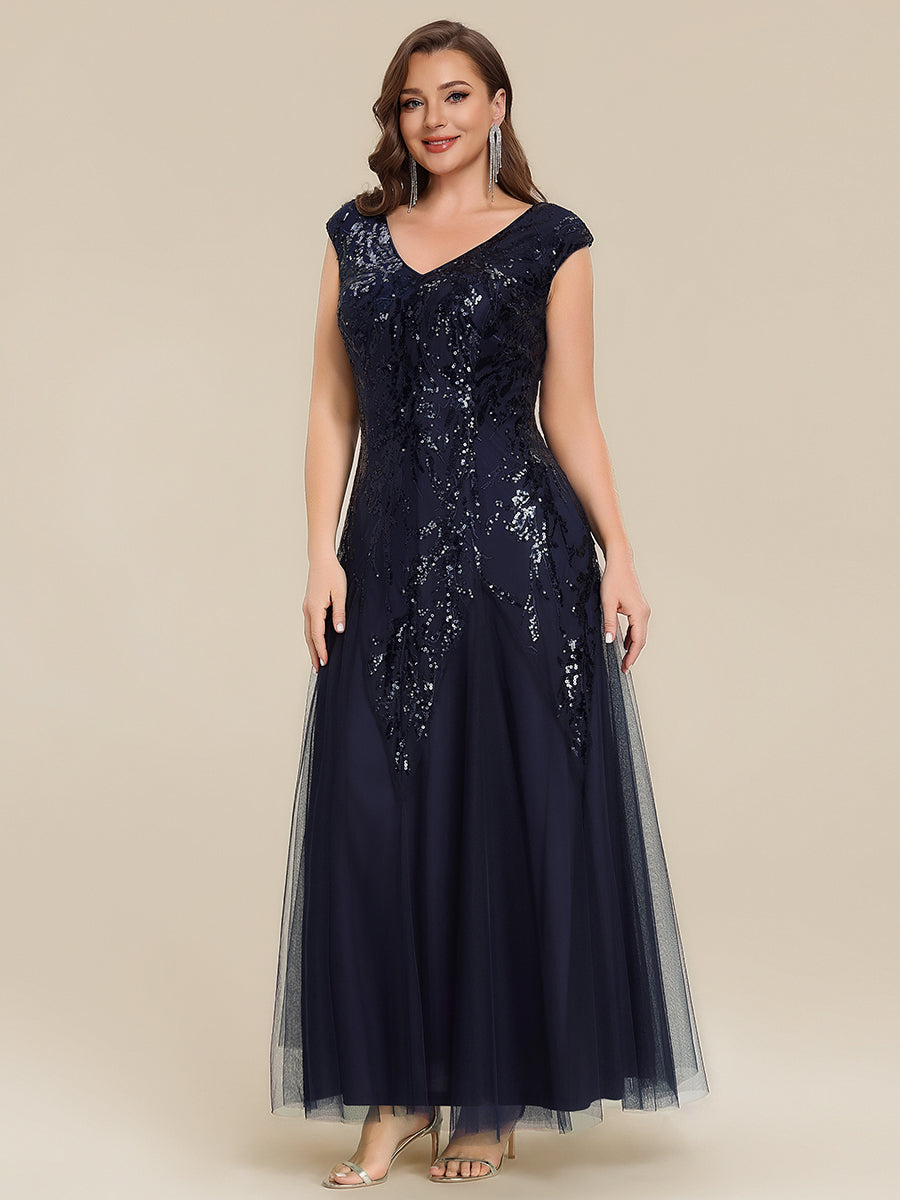pretty FREYA|Plus Size V-Neck Sequin High Stretch Cap Sleeve Tulle Formal Dress