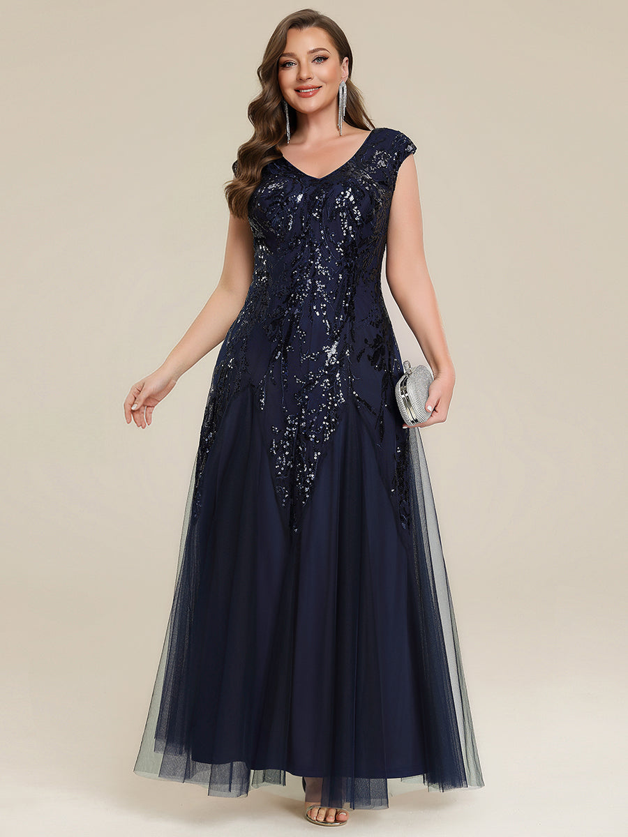 pretty FREYA|Plus Size V-Neck Sequin High Stretch Cap Sleeve Tulle Formal Dress