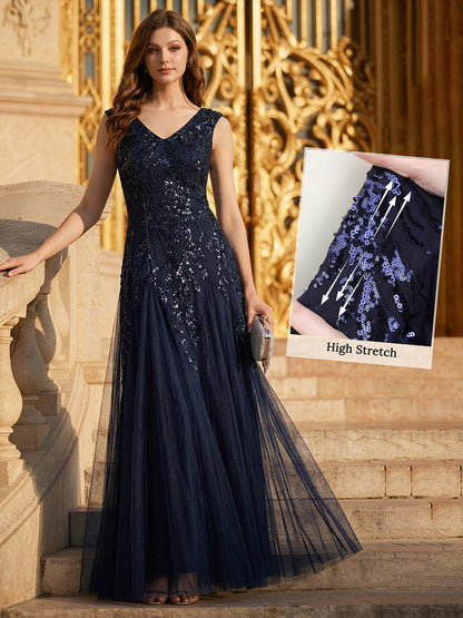 ever FREYA|Embroidered Sequin Cap Sleeve High Stretch Evening Dress