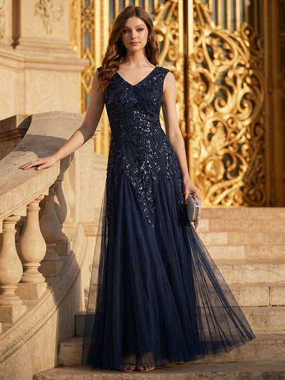 ever FREYA|Embroidered Sequin Cap Sleeve High Stretch Evening Dress