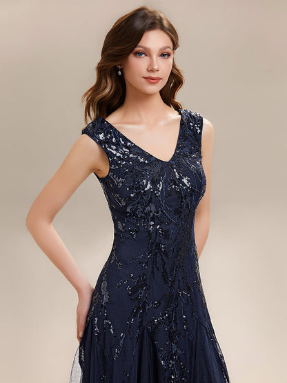 ever FREYA|Embroidered Sequin Cap Sleeve High Stretch Evening Dress