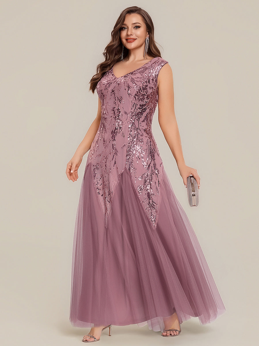 pretty FREYA|Plus Size V-Neck Sequin High Stretch Cap Sleeve Tulle Formal Dress