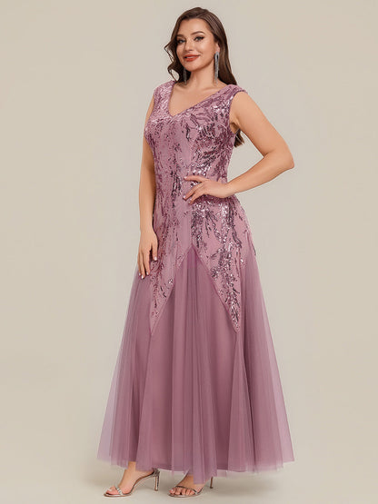 pretty FREYA|Plus Size V-Neck Sequin High Stretch Cap Sleeve Tulle Formal Dress