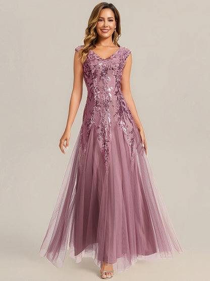 ever FREYA|Embroidered Sequin Cap Sleeve High Stretch Evening Dress