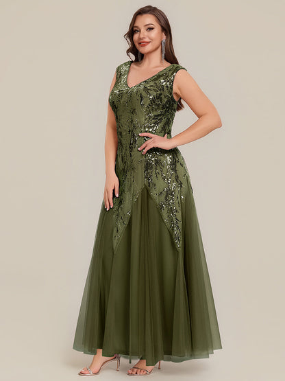 pretty FREYA|Plus Size V-Neck Sequin High Stretch Cap Sleeve Tulle Formal Dress