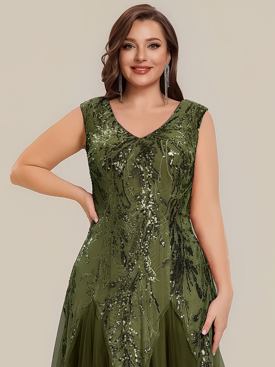 pretty FREYA|Plus Size V-Neck Sequin High Stretch Cap Sleeve Tulle Formal Dress