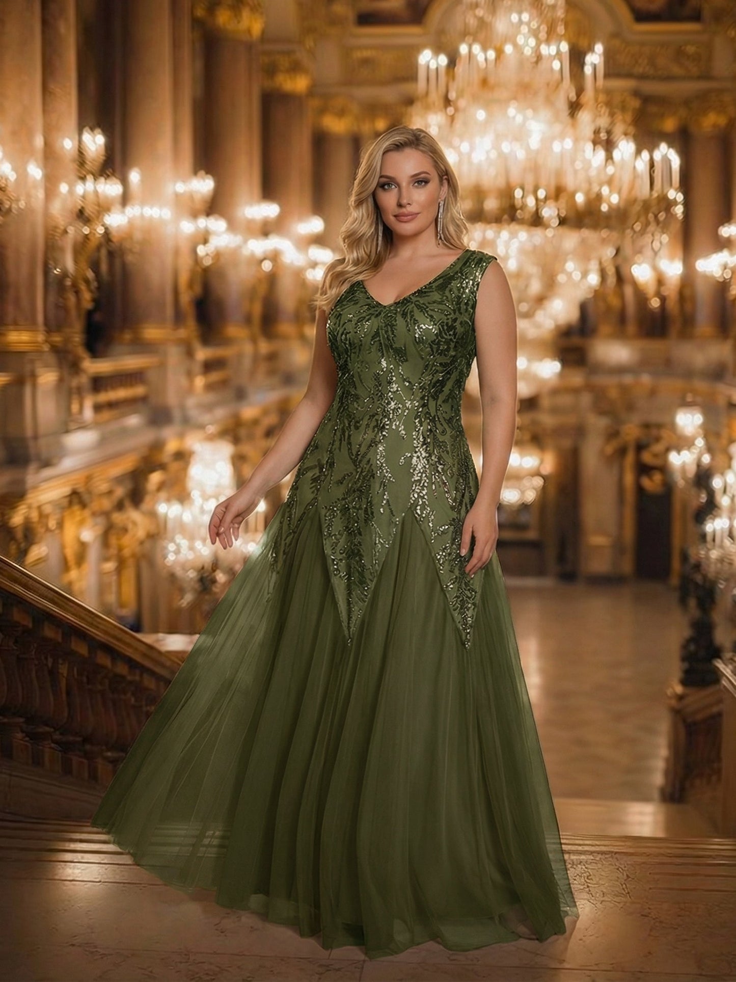 pretty FREYA|Plus Size V-Neck Sequin High Stretch Cap Sleeve Tulle Formal Dress