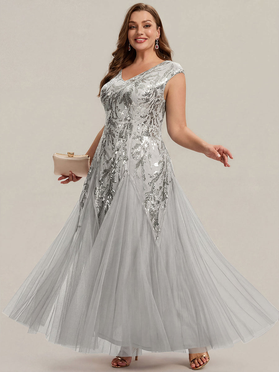 pretty FREYA|Plus Size V-Neck Sequin High Stretch Cap Sleeve Tulle Formal Dress